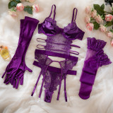 Purple lace embroidered underwire women's lingerie with gloves and stocking