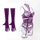 Purple sexy halter neck lace push-up bra set with gloves