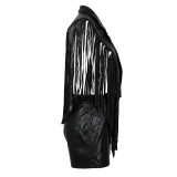 Women's PU Leather Sleeveless Fringe Top & Shorts Two-Piece Party Outfit