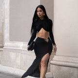 Sexy crop top set Long-sleeved knotted top + high-waisted slit skirt two-piece set