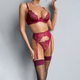 Sexy embroidered lace bra burgundy lingerie with stockings