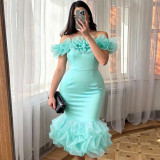 Sexy off-the-shoulder floral party dress ruffled fishtail bodycon evening gown
