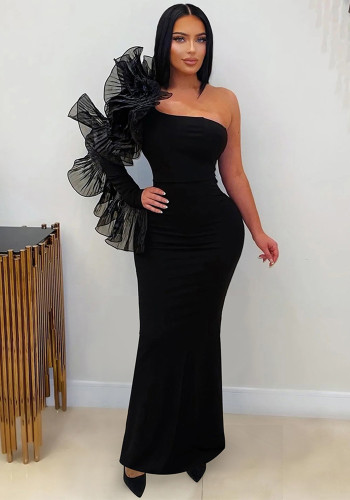 Women One Shoulder Single Sleeve Black Evening Dress