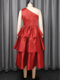 One-shoulder ruffled hem cinched waist A-line silhouette tie-waist party evening gown