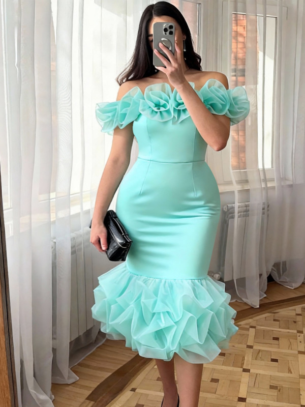 Sexy off-the-shoulder floral party dress ruffled fishtail bodycon evening gown