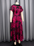 Retro elegant rose red jacquard dress fitted waist A-line silhouette evening gown