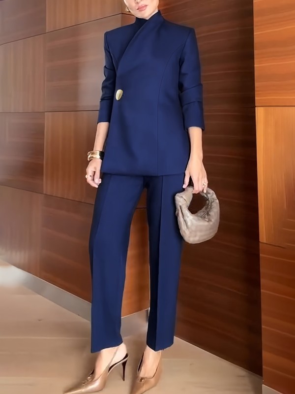 High-end blue diagonal placket women's suit blazer and straight-leg trousers set