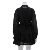 Black rhinestone A-line dress women's long-sleeved high-waisted tulle dress