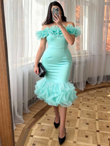 Sexy off-the-shoulder floral party dress ruffled fishtail bodycon evening gown