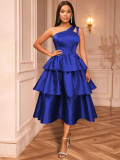 One-shoulder ruffled hem cinched waist A-line silhouette tie-waist party evening gown