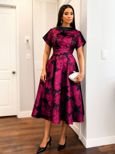 Retro elegant rose red jacquard dress fitted waist A-line silhouette evening gown