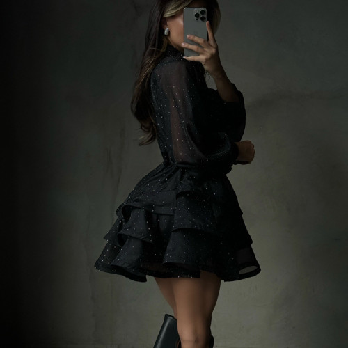 Black rhinestone A-line dress women's long-sleeved high-waisted tulle dress