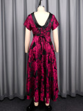 Retro elegant rose red jacquard dress fitted waist A-line silhouette evening gown