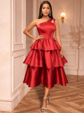 One-shoulder ruffled hem cinched waist A-line silhouette tie-waist party evening gown
