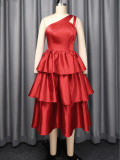 One-shoulder ruffled hem cinched waist A-line silhouette tie-waist party evening gown