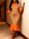 Daisy print dress with bow bell sleeves fitted fishtail evening gown