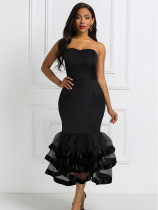 Sexy strapless fitted evening party dress layered tulle skirt irregular fishtail dress