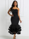 Sexy strapless fitted evening party dress layered tulle skirt irregular fishtail dress
