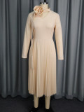 Elegant V-neck fitted waist pleated skirt 3D floral ribbon banquet dress