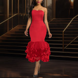 Sexy strapless fitted evening party dress layered tulle skirt irregular fishtail dress