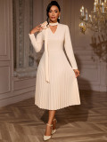 Elegant V-neck fitted waist pleated skirt 3D floral ribbon banquet dress