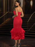 Sexy strapless fitted evening party dress layered tulle skirt irregular fishtail dress