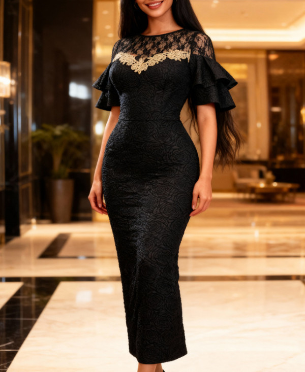 Hollow-out lace jacquard dress ruffled sleeves fitted waist bodycon party dress