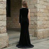 Black velvet gown with white bow ishtail skirt vintage-style evening gown