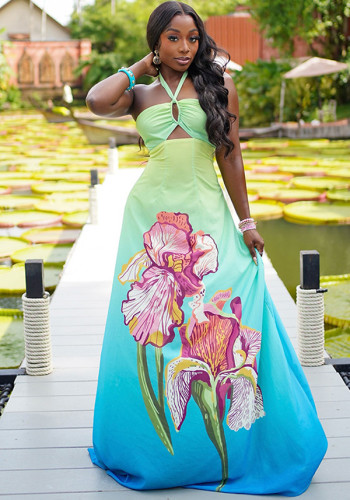 Gradient floral print women's A-line silhouette halter neck maxi dress