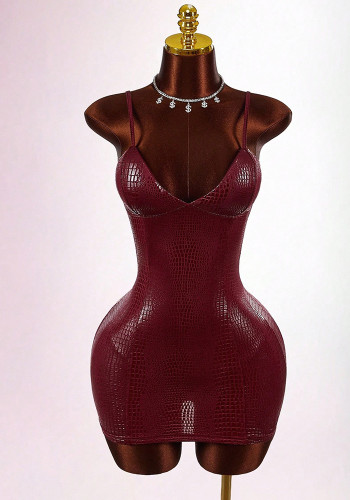 Women Sexy Strap Bodycon Mini Dress Snake Skin Leather Dress
