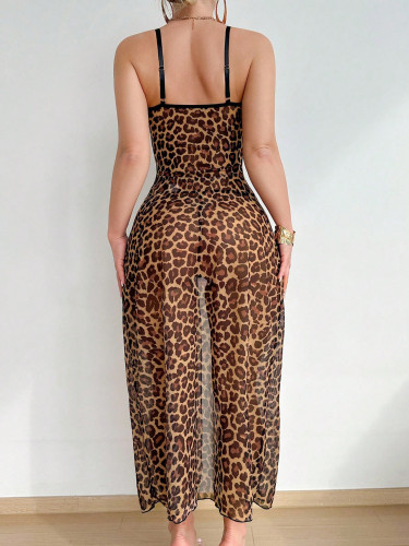 Sexy leopard print see-through skirt ghtgown panty lingerie
