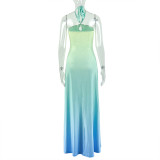 Gradient floral print women's A-line silhouette halter neck maxi dress