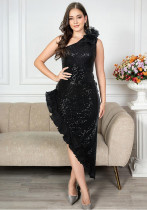 Women Slash Shoulder Black Sequin Ruffle Irregular Evening Dress