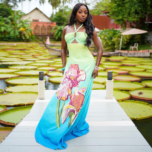 Gradient floral print women's A-line silhouette halter neck maxi dress