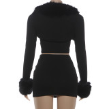 Women Furry Collar Long-sleeved Crop Top and Mini Skirt Three-piece Set