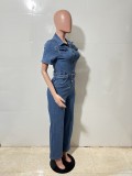 Women Short Sleeves Blue Denim Jumpsuit
