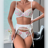Women's sexy lingerie set with embroidered flowers and satin trim