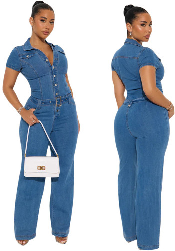 Women Short Sleeves Blue Denim Jumpsuit