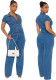 Women Short Sleeves Blue Denim Jumpsuit