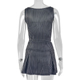 Women Striped Black Crop Vest & Pleated Skirt Two-Piece Set