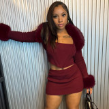 Women Furry Collar Long-sleeved Crop Top and Mini Skirt Three-piece Set