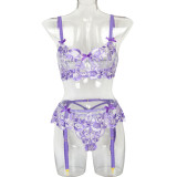 Embroidered sexy lingerie see-through three-piece set