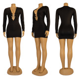 Sexy deep V-neck bodycon dress metallic accessories long-sleeved bodycon evening dress