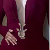 Sexy deep V-neck bodycon dress metallic accessories long-sleeved bodycon evening dress