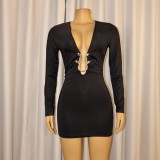Sexy deep V-neck bodycon dress metallic accessories long-sleeved bodycon evening dress