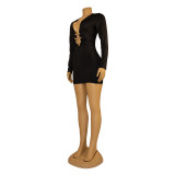 Sexy deep V-neck bodycon dress metallic accessories long-sleeved bodycon evening dress