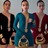 Sexy deep V-neck bodycon dress metallic accessories long-sleeved bodycon evening dress