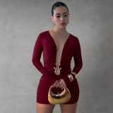 Sexy deep V-neck bodycon dress metallic accessories long-sleeved bodycon evening dress
