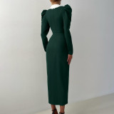 Contrast color bodycon maxi dress women's Peter Pan collar long sleeves high waist French style dress
