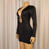 Sexy deep V-neck bodycon dress metallic accessories long-sleeved bodycon evening dress
